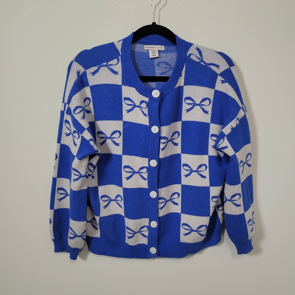 Sincerely Jules XS Cardigan Womens Blue White Checkered Bow Button Front Knit
